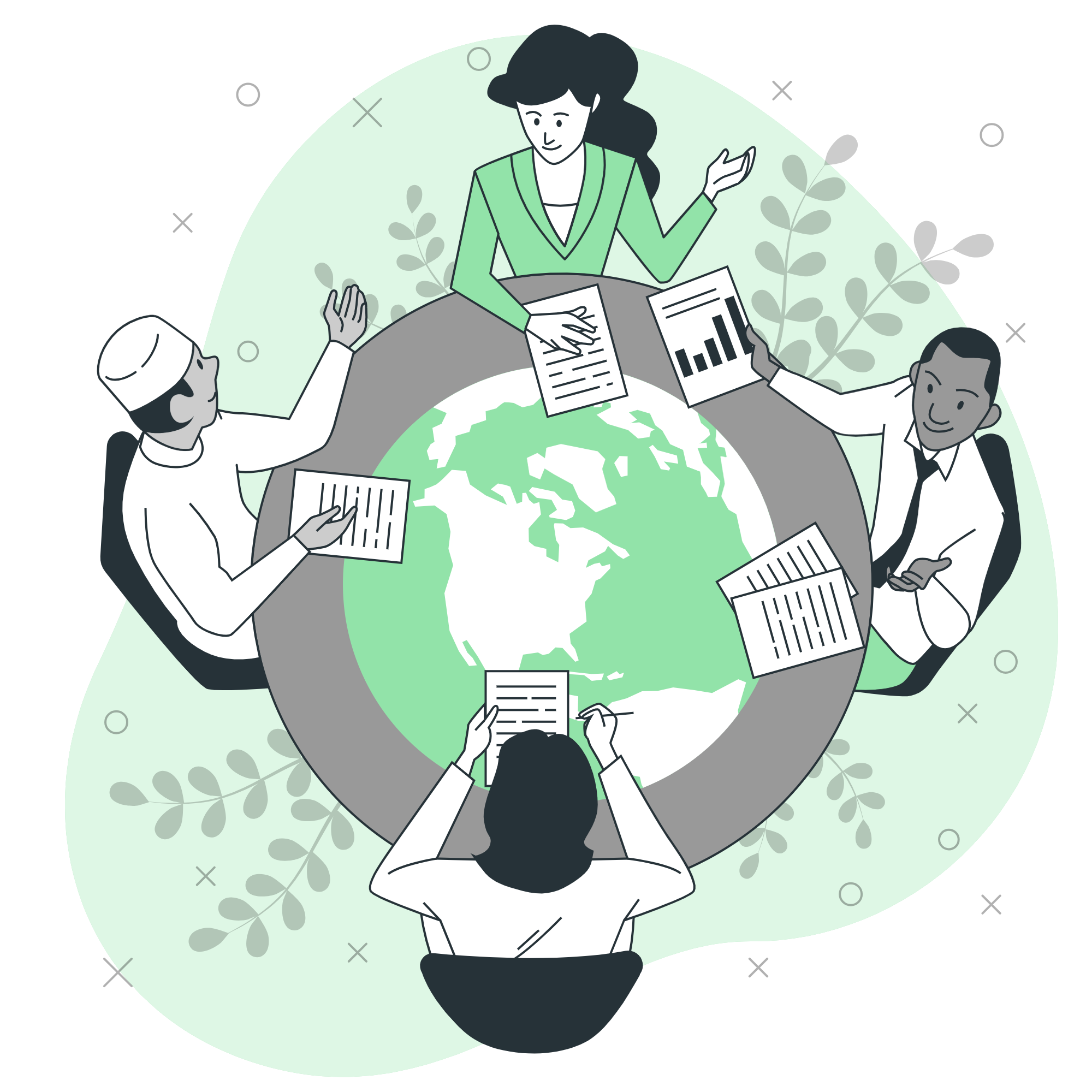 Researchers collaborating around shared documents and a global research table